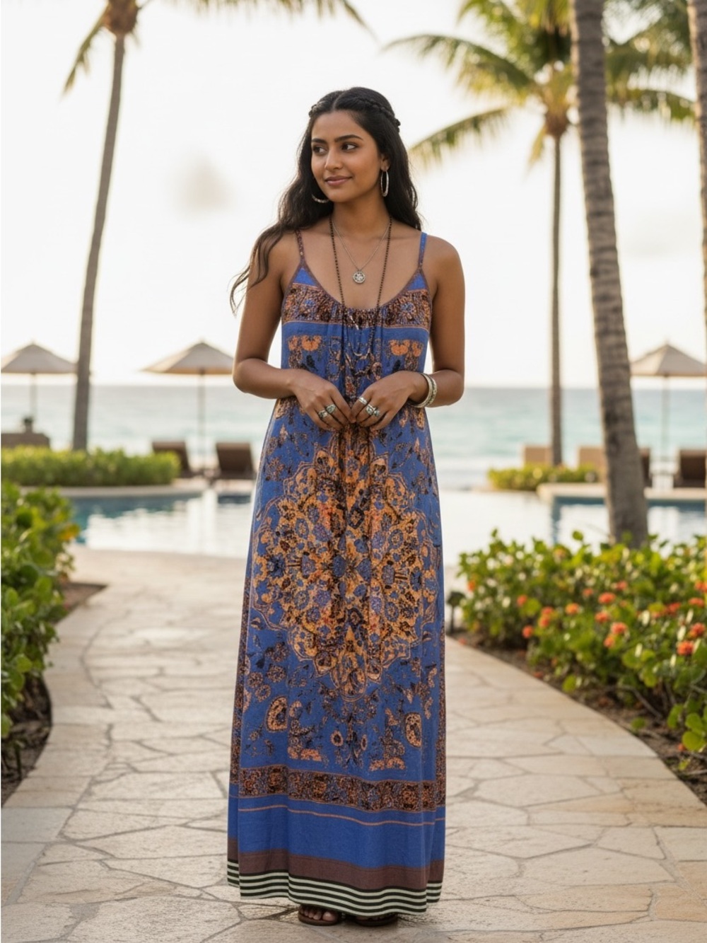 Anthropologie Dream Daily Maxi Dress Size Small Blue Floral Tile Burst USA‎